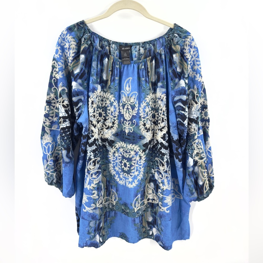 Ali Miles Embroidered Boho Blouse Top Womens Size 1X Artsy Colorful Mixed Print